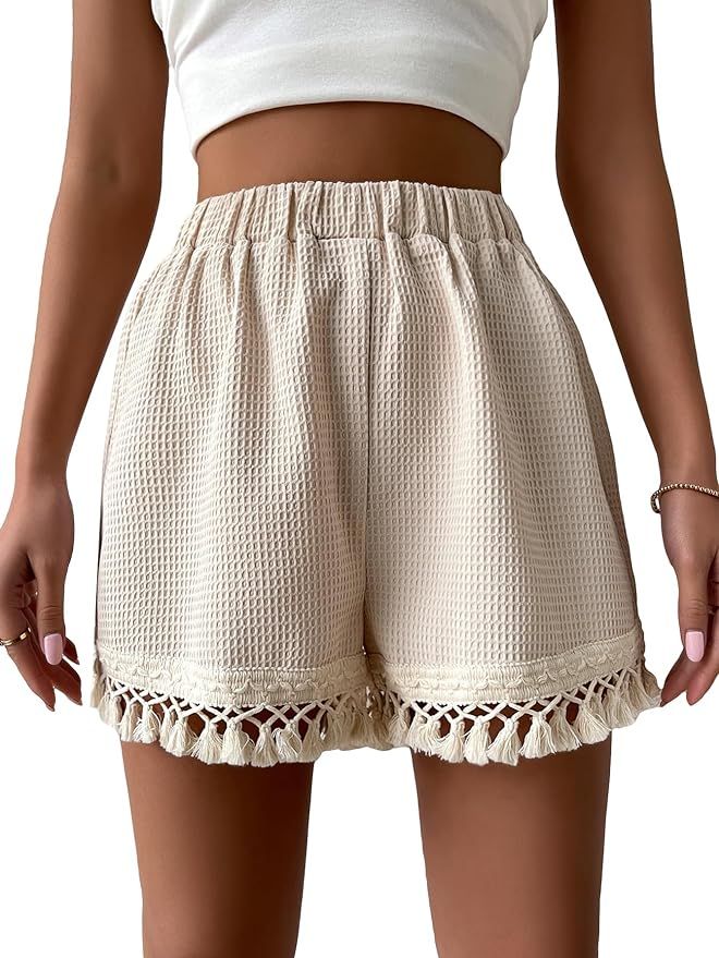 Milumia Women's Tassel Hem Shorts Elastic Waist Wide Leg Loose Summer Boho Shorts | Amazon (US)