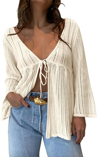 Saodimallsu Womens Summer Lightweight Tie Front Cardigans Crochet Knit Long Bell Sleeve Casual V ... | Amazon (US)