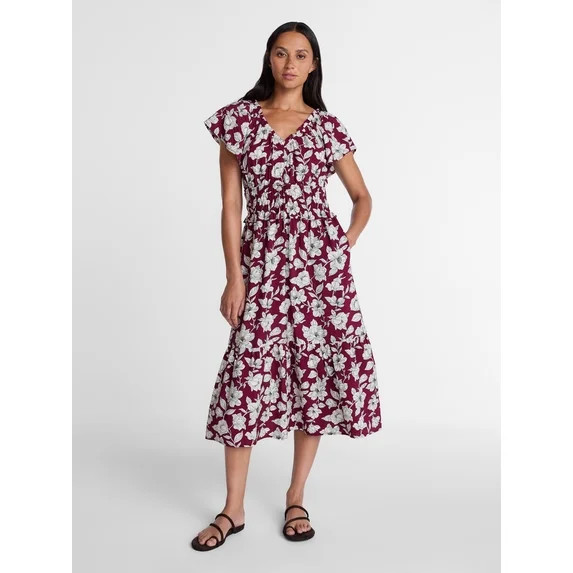 Time and Tru Women's Tiered Midi Dress with Flutter Sleeves, Sizes XS-XXXL | Walmart (US)