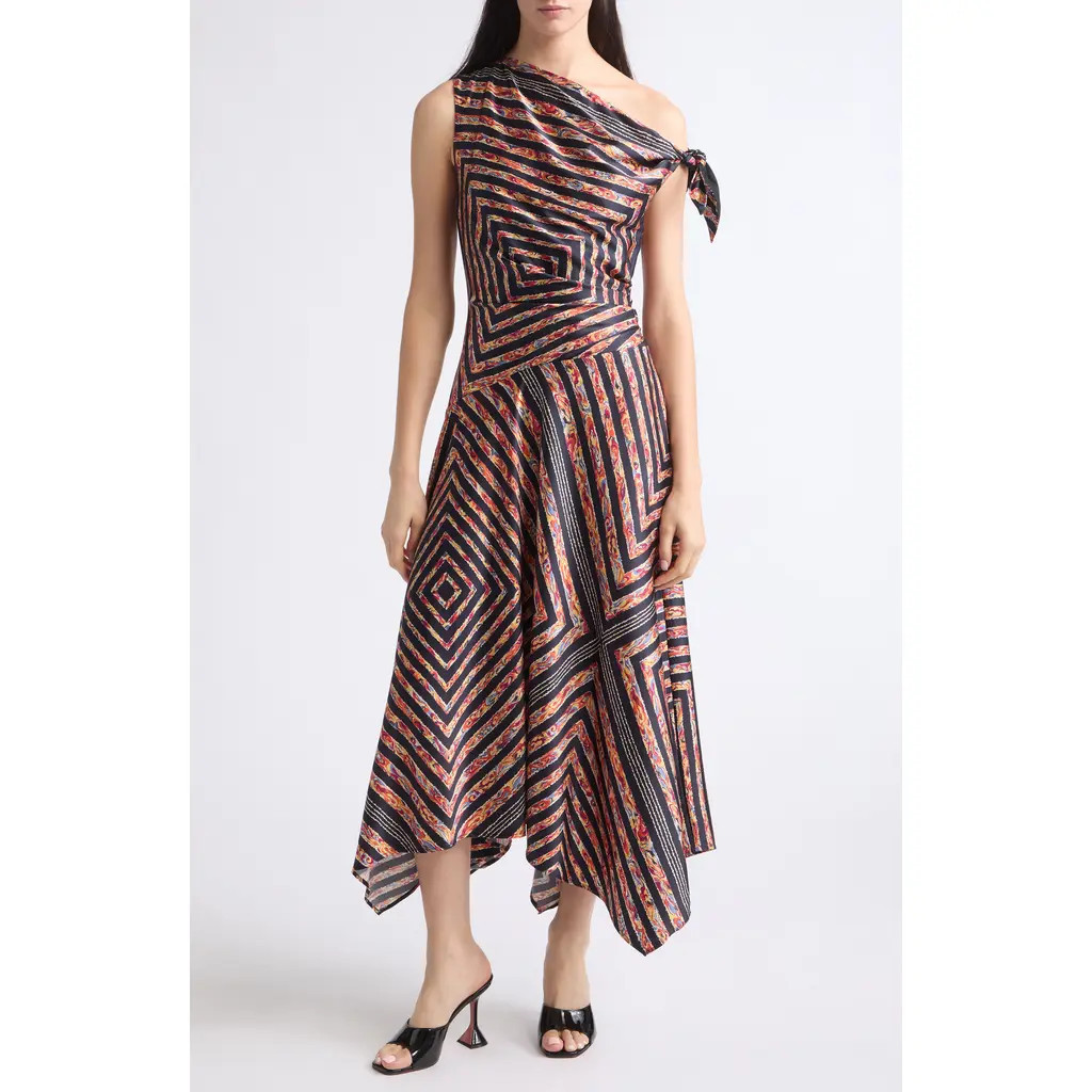 STAUD Portia One-Shoulder Stripe Silk Midi Dress in Studio at Nordstrom, Size 12 | Nordstrom