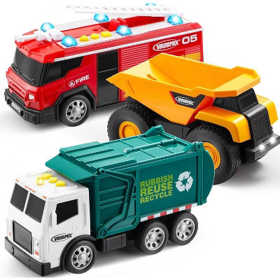Joyfy 3Pcs Utility Trucks Toy Set, Garbage Truck, Fire Truck, Construction Vehicle with Lights & Sounds, Educational Gift for Kids Boys Ages 3+ | Target