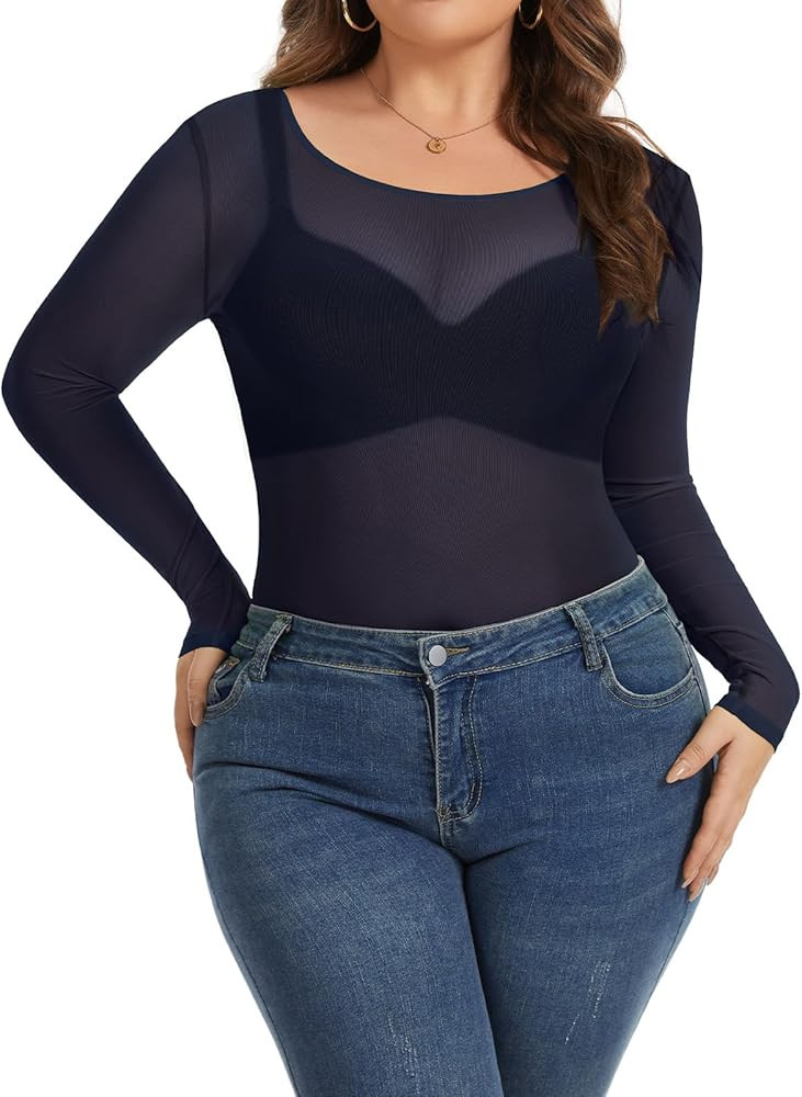 Women's Mesh Tops Sheer Plus Size See Through Long Sleeve Shirts Bodycon Crew Neck Blouse 2026 | Amazon (US)