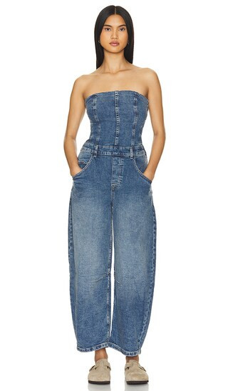 Free People x We The Free Je Suis Pret Barrel Jumpsuit in Denim-Dark. - size M | Revolve Clothing (Global)
