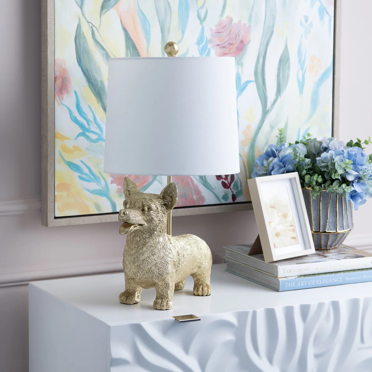 Gold Resin Corgi Dog Table Lamp With Linen Shade | Wayfair North America