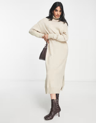 Vila knitted roll neck maxi dress with side split in cream | ASOS (Global)