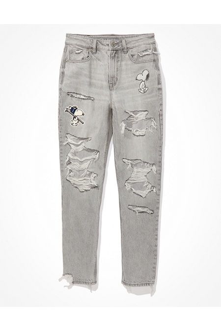 AE x Peanuts Ripped Mom Jean Women's Glacier Gray 0 X-Long | American Eagle Outfitters (US & CA)