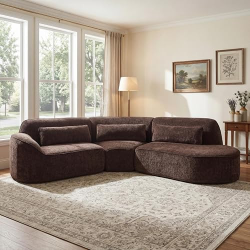 Merax 123.23" Curved Polyester Sectional Sofa Set, Modern Cloud Couch with Chaise Lounge & Right Hand Facing, High-Density Fully Compressed Sponge, Fully Assembled for Living Room, Dark Brown | Amazon (US)