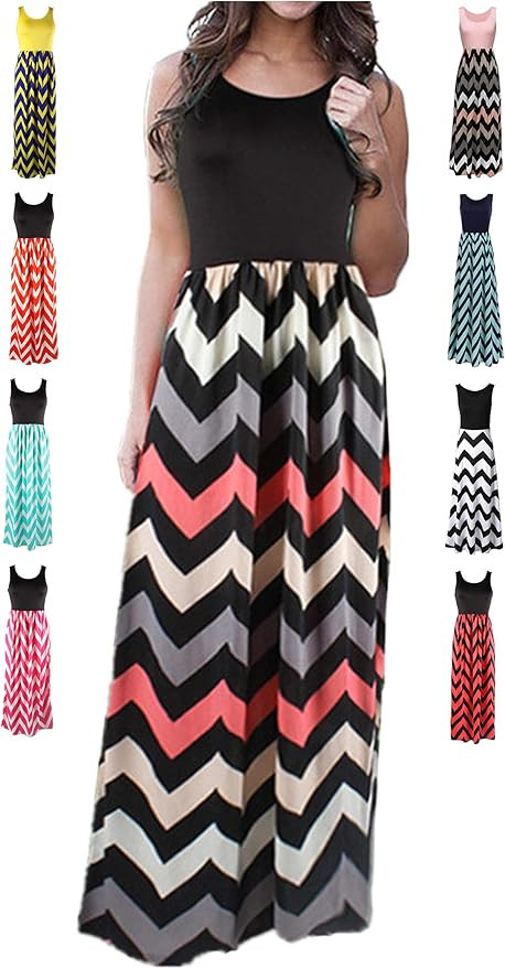 LIYOHON Womens Summer Striped Print Loose Maxi Dress Contrast Sleeveless Tank Top Floral Print Lo... | Amazon (US)