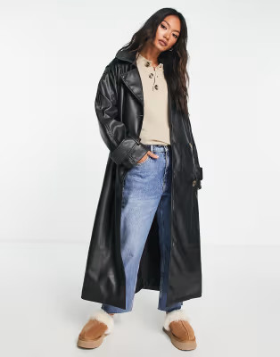 ASOS DESIGN faux leather trench coat in black | ASOS (Global)