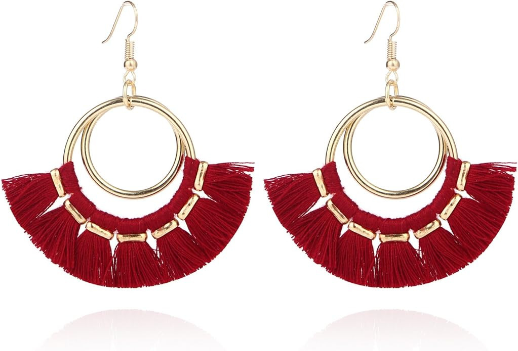 Tassel Hoop Earrings Fringe Drop Gold Tone Circle Tiered Earrings for Women | Amazon (US)