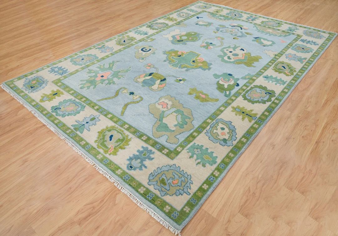 9x12 Blue and Green Rug Oushak Rug With Ivory Olive Green & - Etsy | Etsy (US)