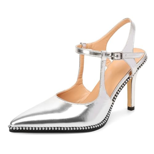 SAMMITOP Womens Silver High Heels Closed Pointed Toe Ankle Strap Heels High Heel Stilettos Beaded Pumps Shoes Dressy Faux Leather 3.5 Inch Size 9.5 | Amazon (US)