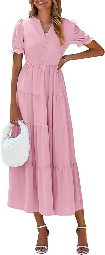 PRETTYGARDEN Womens Summer Dresses 2025 Spring Short Sleeve V Neck Tiered Flowy Cocktail Wedding ... | Amazon (US)