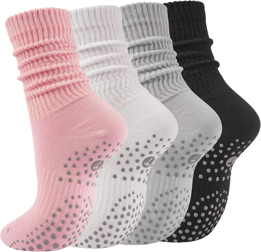 Pilates Slouch Crew Socks for Women, Grip Yoga Socks with Non Slip Grippers for Barre Ballet Danc... | Amazon (US)