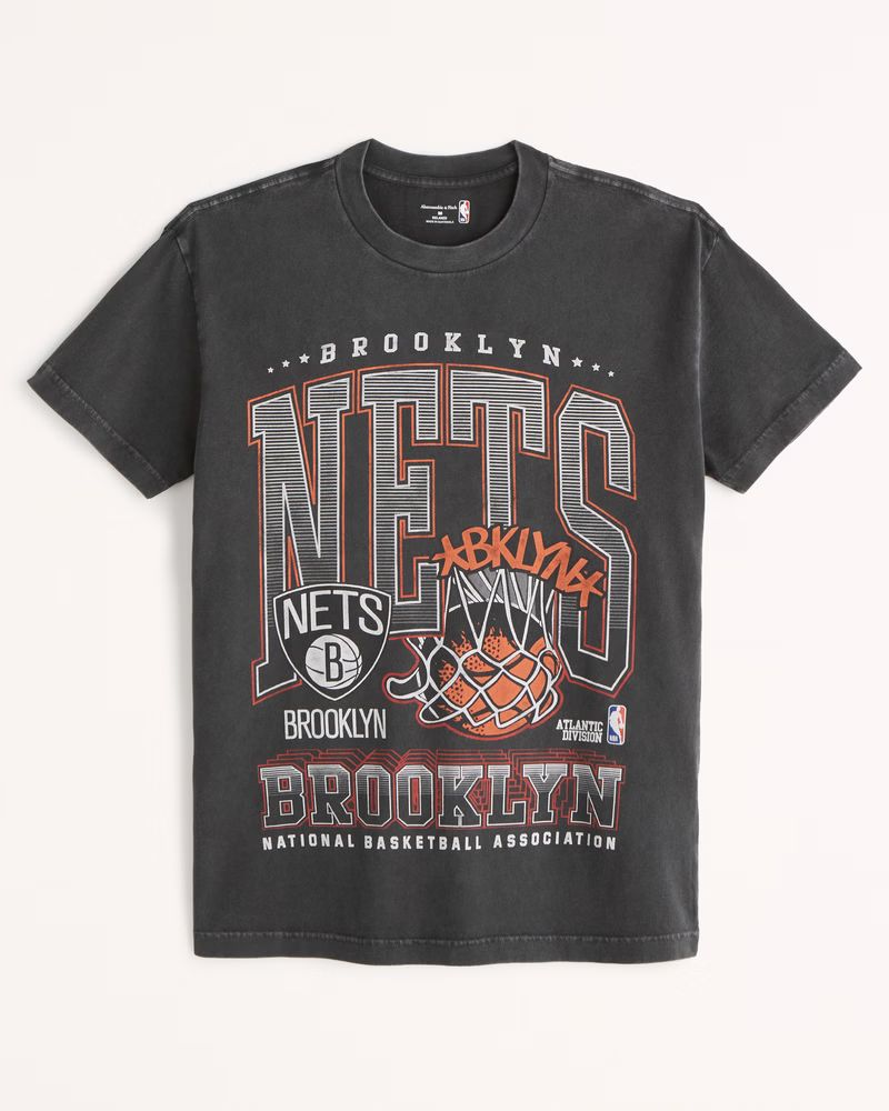 Abercrombie & Fitch Men's Brooklyn Nets Graphic Tee in Asphalt Nets Graphic - Size XL TALL | Abercrombie & Fitch (US)
