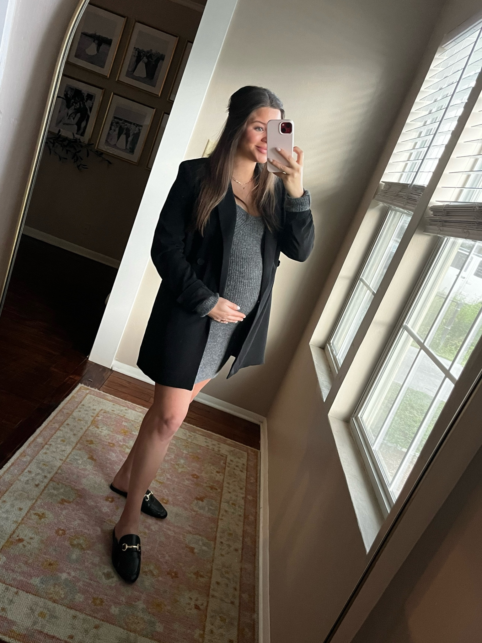 Pregnancy ootd for the office 

Third trimester. 32 weeks. Gray sweater dress. Grey dress. Long sleeve sweater dress. Bodycon. Fitted sweater dress. Sweetheart neckline. Black blazer. H&M. Zara. Slide on mules. Mules with buckle. Bump friendly. Winter outfit. Corporate office outfit. Maternity. 

#LTKfindsunder50 #LTKbump #LTKworkwear