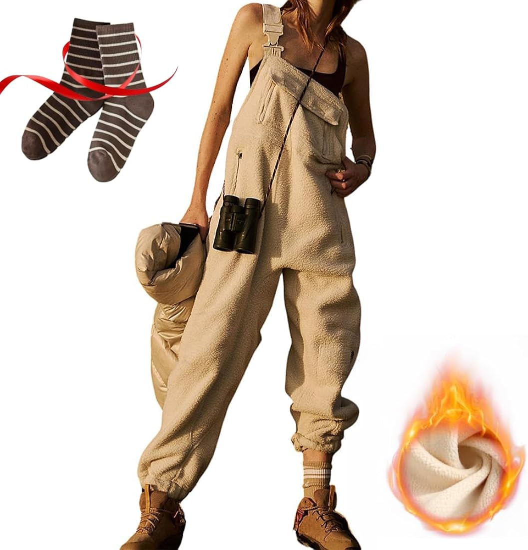 XLATD Fleece Overalls For Women,Sherpa Overalls Women,Fuzzy Fleece Warm Overalls Casual Jumpsuits... | Amazon (US)