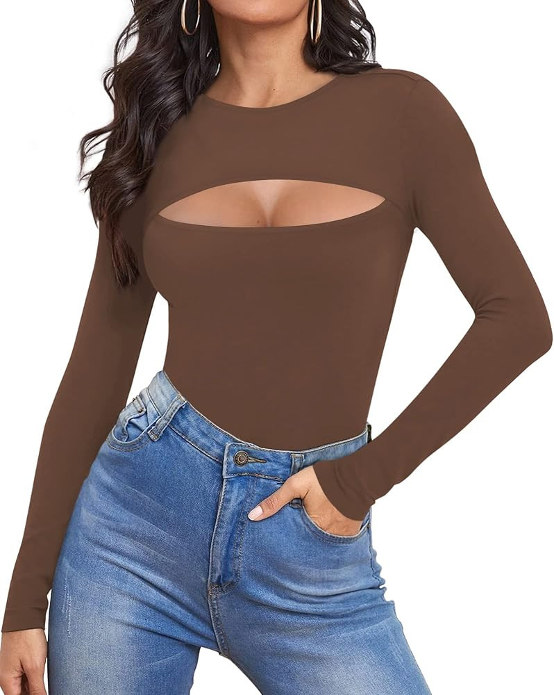 ALGALAROUND Womens Cutout Front Tops Long Sleeve Short Sleeve Bodycon T-Shirts | Amazon (US)