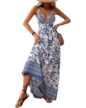 MakeMeChic Women's Boho Maxi Dress Summer Luau Outfits Beach Wedding Guest Backless Sundress Flow... | Amazon (US)