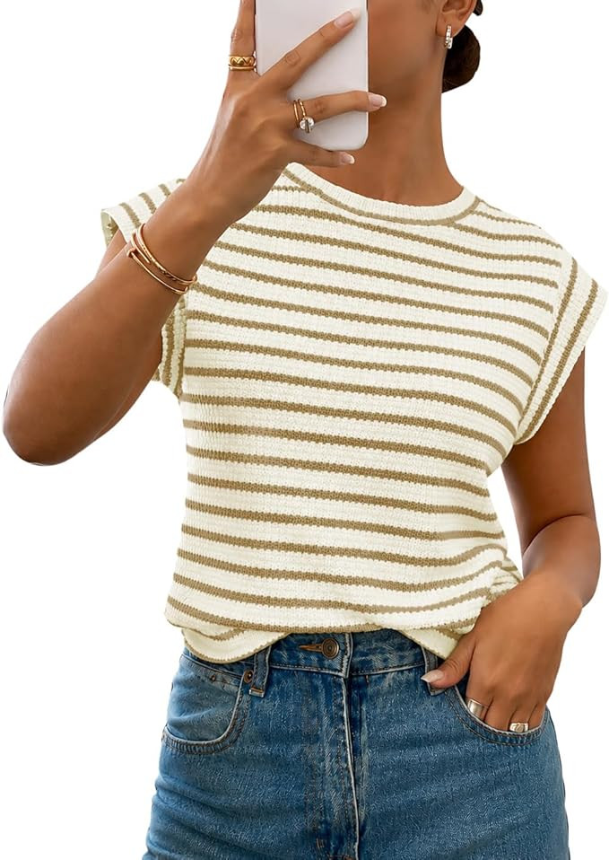 WIHOLL Womens Striped Sweater Vest Tops Cap Sleeve Knit Shirts Crew Neck Lightweight Summer Casua... | Amazon (US)