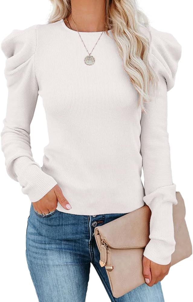 SENSERISE Womens Long Puff Sleeve Tops Casual Slim Solid Color Ribbed Knit Basic Shirt | Amazon (US)