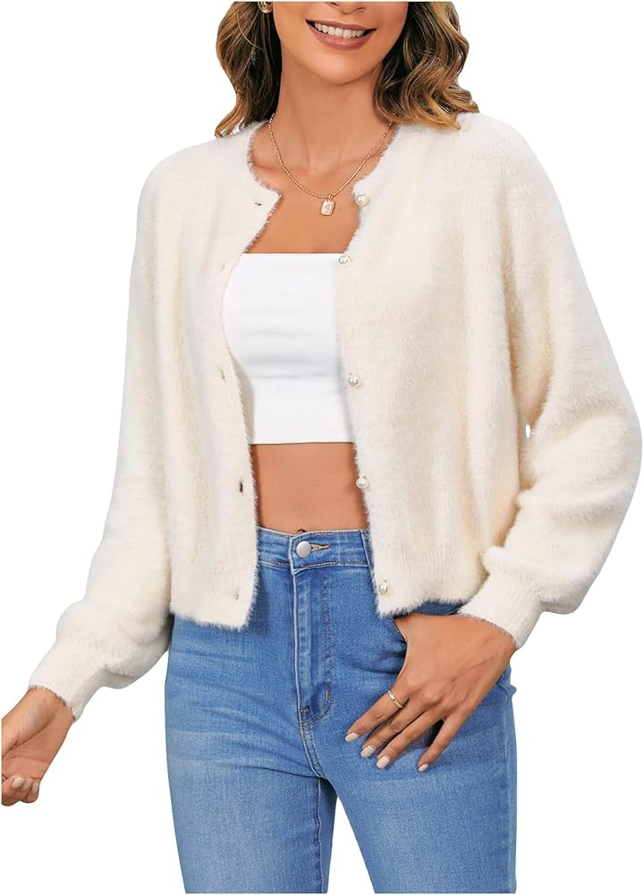 Verdusa Women's Fuzzy Cardigan Sweaters Furry Long Sleeve Trendy Tops Pearl Up Shirts | Amazon (US)