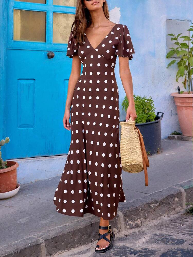 New Fashionable Elegant Polka Dot Bohemian Casual V-Neck Short Sleeve Tie Back Dress, Suitable For Vacation, Holiday, Wedding, Casual Everyday Wear Summer | SHEIN