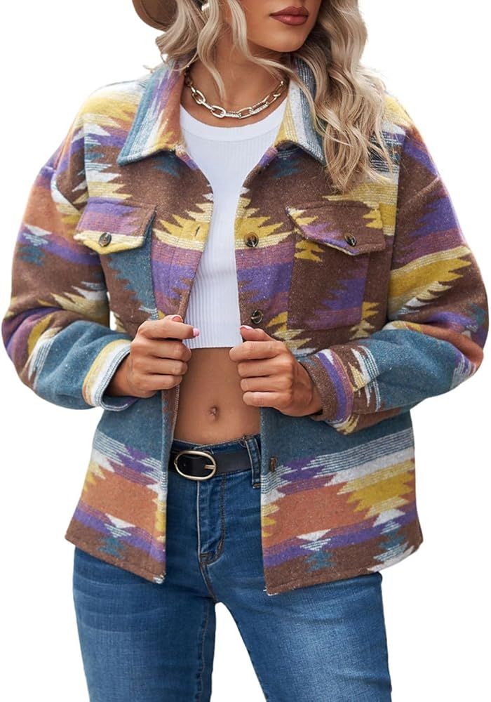 FindThy Women’s Aztec Print Jacket Retro Lapel Button Pocketed Tribal Shirt Jackets Shacket | Amazon (US)