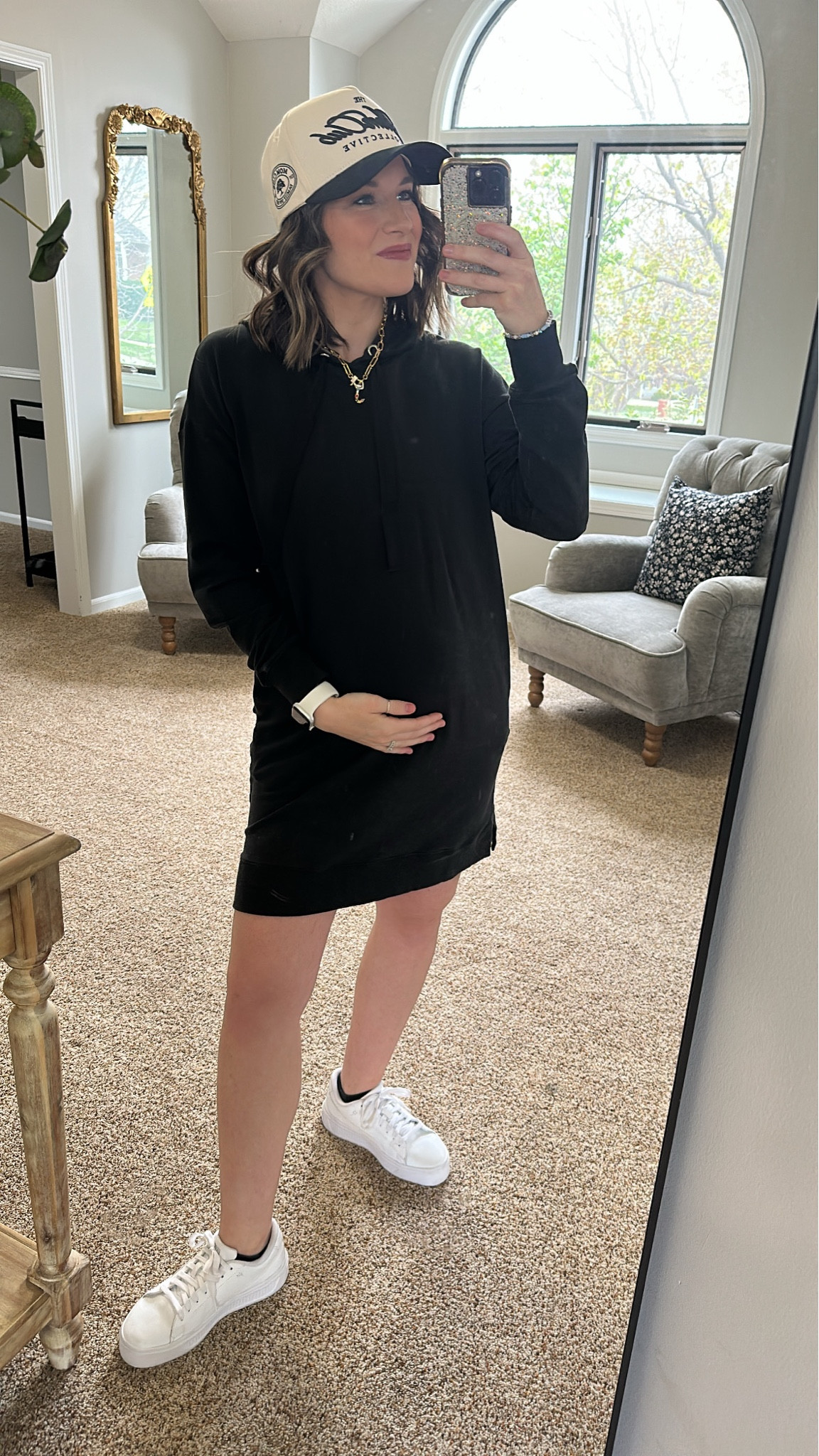 OOTD for a chilly spring girls’ day! 

This sweatshirt T-shirt dress is bump friendly & so comfy! Wearing a M. 🖤

#LTKstyletip #LTKsalealert #LTKfindsunder50