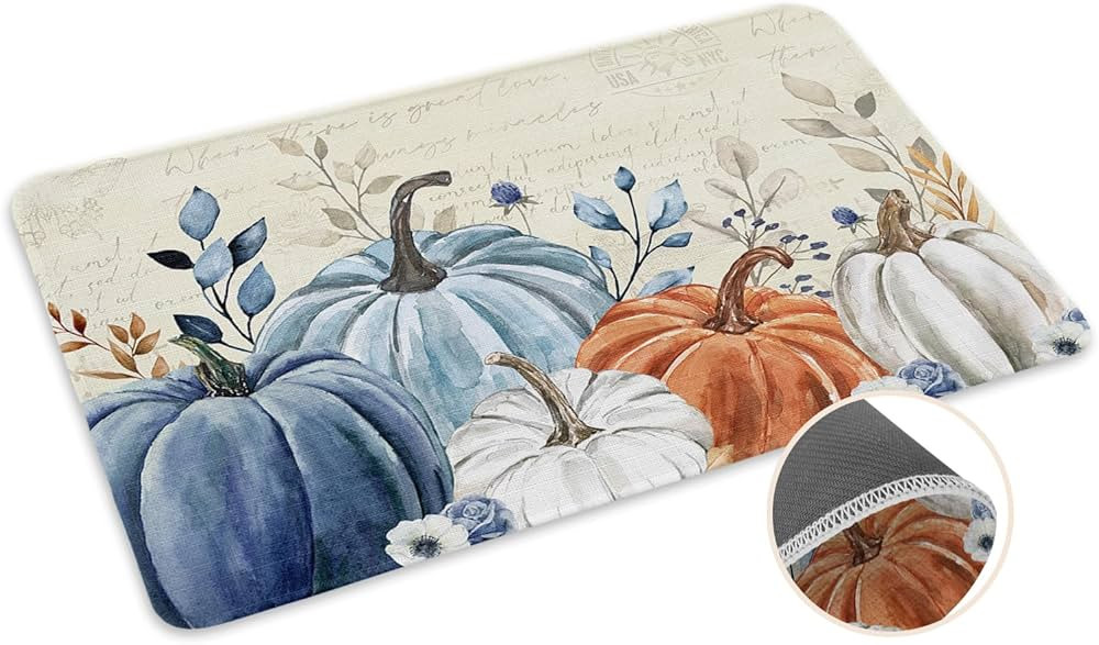 Fall Door Mat Blue Pumpkin Doormat Eucalyptus Leaves Harvest Thanksgiving Welcome Mat Non Slip Ru... | Amazon (US)