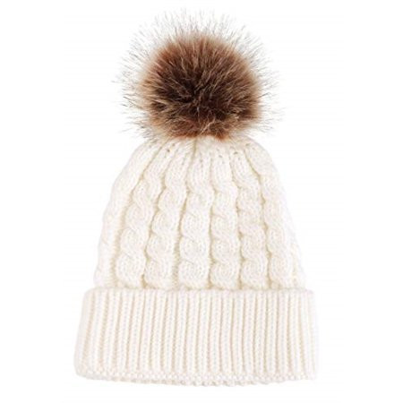 simplicity winter hats for women beanie knit slouchy ski hat faux fur pom pom beanie white beanie | Walmart (US)