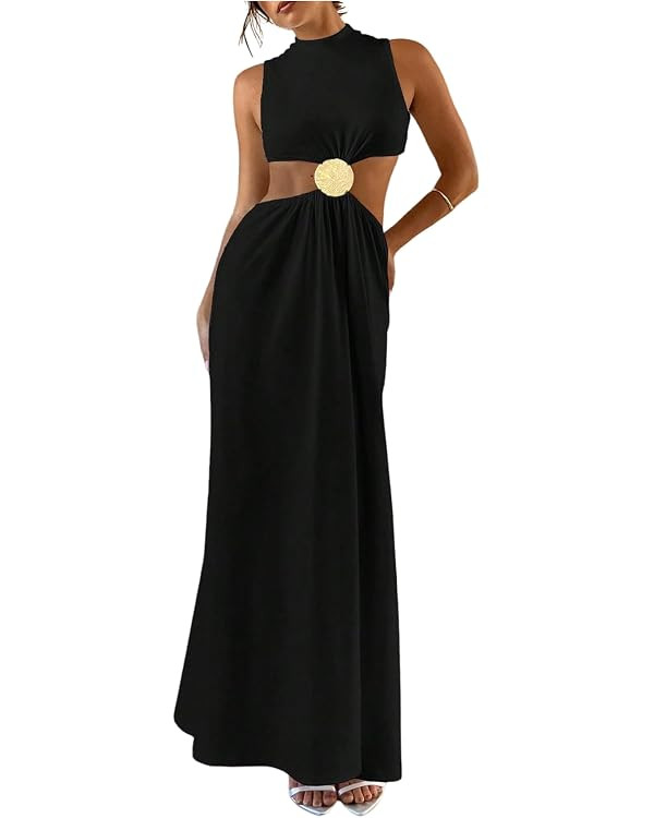 Floerns Women's Cut Out Summer Maxi Dress Sleeveless Flared Beach Vacation Dresses | Amazon (US)