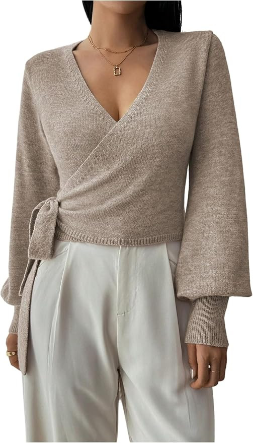 SHENHE Women's Casual V Neck Wrap Sweater Pullover Long Sleeve Slim Fit Knit Crop Top Sweater    ... | Amazon (US)