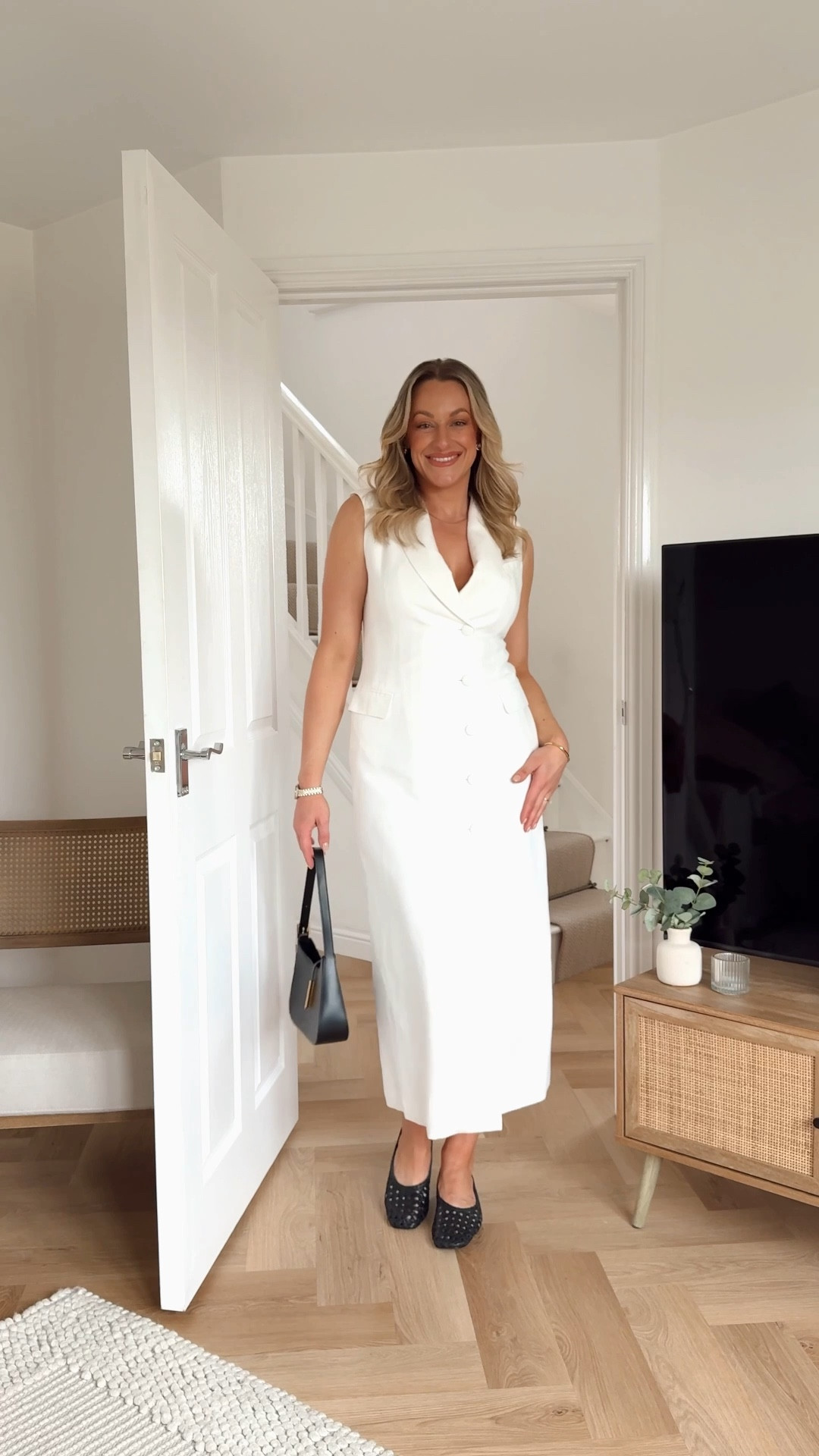 Karen Millen new in spring (KATIE15 For 15% off) - linen white dress, black woven ballet flats, leather mules, tan loafers , light pink/ peach 3 piece suit, waistcoat, wide leg trousers, blazer, white linen maxi skirt, black knit peplum top, wide leg jeans, 

#LTKuk #LTKmidsize #LTKspring