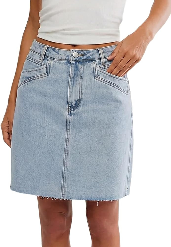 Womens Denim Skirt Casual Short Jean Skirts High Waisted Knee Length Skirt with Pockets | Amazon (US)