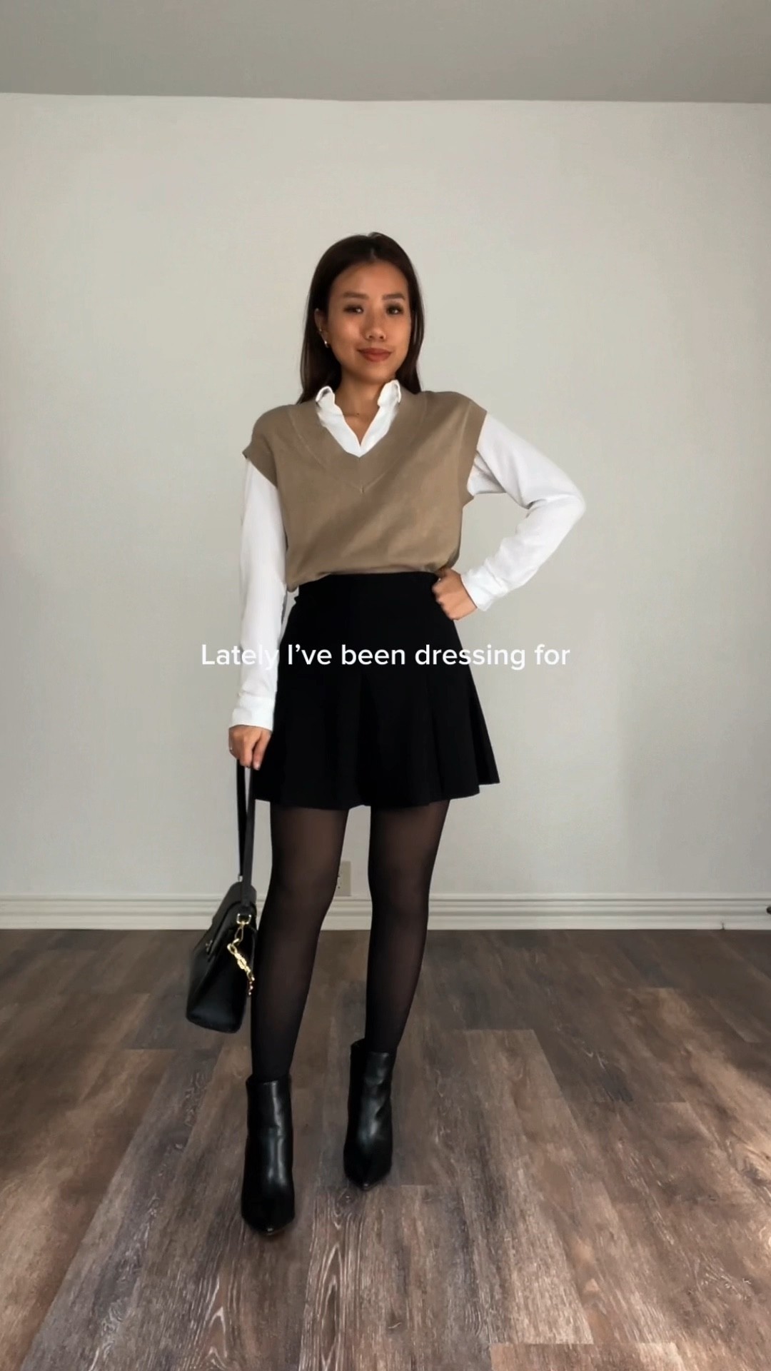 Layering sweater vest and button down shirt for fall 🤎 with black tights and black mini skirt

Petite fashion petite outfit petite blogger

#LTKsalealert #LTKHoliday #LTKunder50