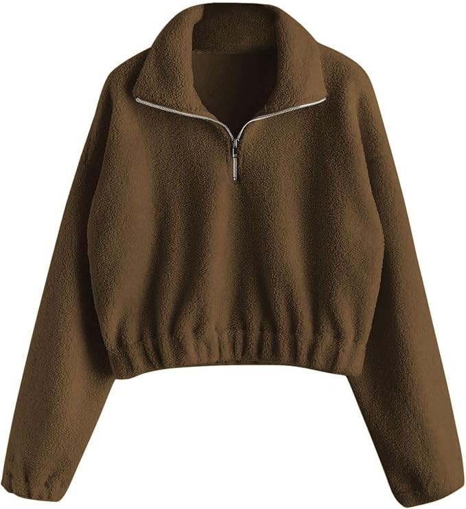 ZAFUL Women's Fashion Long Sleeve Lapel Half Zip Plain Faux Fur Sweatshirt Solid Color Crop Pullo... | Amazon (US)