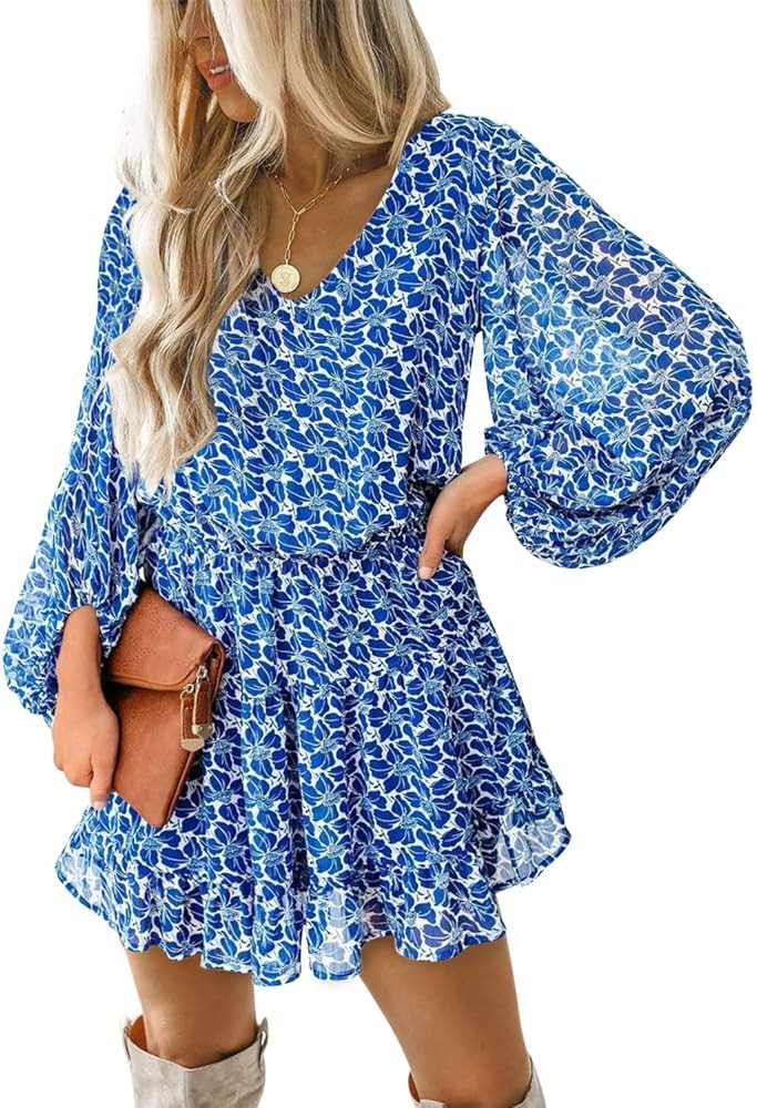 Eytino Women Sexy V Neck Long Sleeve Open Back Printed Mini Short Dresses(S-XL) | Amazon (US)