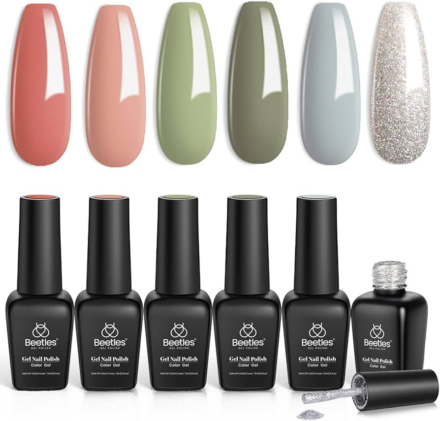 beetles Gel Polish SOUTHERN BELLE Glitter Nude Gel Polish Set - 6 Pcs Coral Green Light Blue Gel ... | Amazon (US)