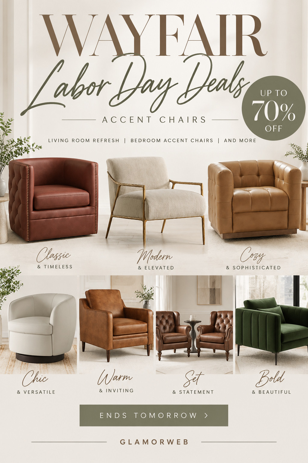 Wayfair Labor Day deals are ending tomorrow 👀 I found so many gorgeous accent chairs for an easy living room refresh, bedroom corner, reading nook, or cozy fall update. From warm leather styles and classic tufted chairs to modern neutrals and statement green seating, there’s something for every home vibe—and select finds are up to 70% off. Such a good time to refresh your space before the sale is gone! ✨

#Wayfair #WayfairDeals #WayfairLaborDaySale #LaborDayDeals #AccentChairs #AccentChair #LivingRoomRefresh #LivingRoomDecor #BedroomAccentChair #BedroomRefresh #BedroomDecor #FallHomeRefresh #FallHomeDecor #FurnitureDeals #FurnitureSale #HomeDecorFinds #LivingRoomInspo #BedroomInspo #CozyHome #CozyLivingRoom #ModernHomeDecor #LeatherAccentChair #SwivelChair #StatementChair #ReadingNook #HomeRefresh #InteriorInspo #HomeStyle #SaleEndsTomorrow #LTKHome 

 #LTKSeasonal #LTKHome #LTKSaleAlert