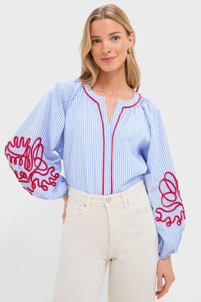 Blue Stripe & Red Soutache Stella Blouse | Tuckernuck (US)
