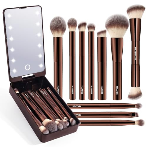 MAANGE Makeup Brush Set 10 Pcs Travel Makeup Brushes Double-ended Kabuki Brush for Foundation Powder Concealers Eye Shadows Makeup Tools Set with LED Light Mirror (Coffee Brown) | Amazon (US)