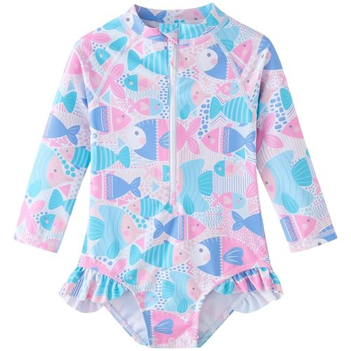 UMELOK Toddler Girls One Piece Swimsuit Long Sleeve Bathing Suit UPF 50+ Sun Protection Rash Guard Swimwear with Zipper Cute Fish,4T | Amazon (US)