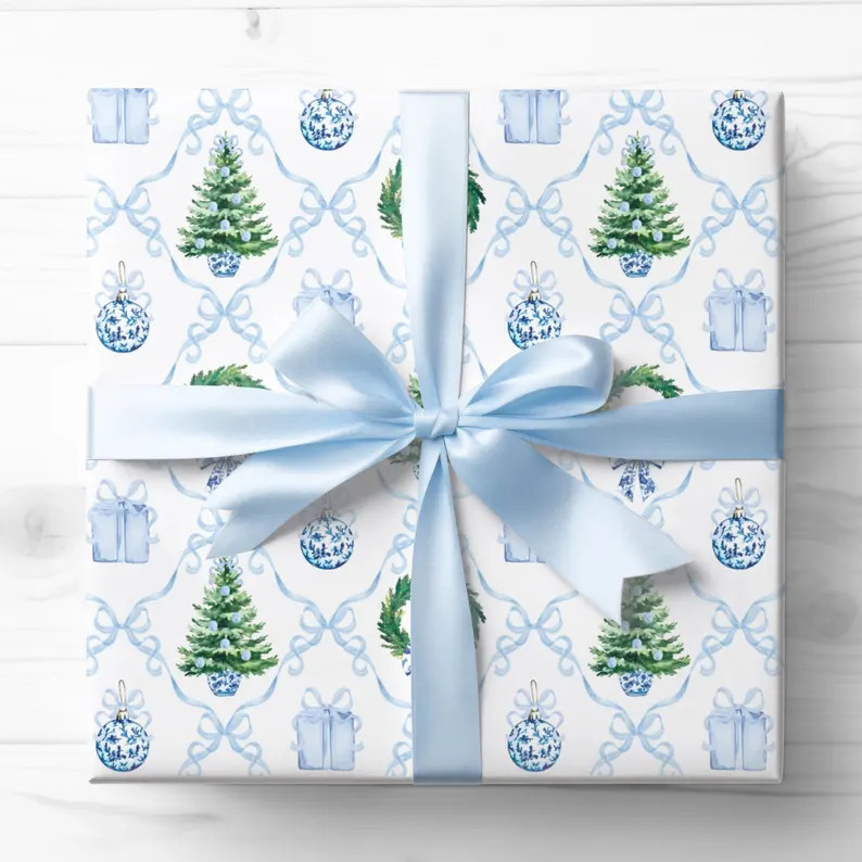 Blue Christmas Bows Gift Wrap, Coquette Bows Wrapping Paper, Chinoiserie Ornaments, Grandmillenni... | Etsy (US)