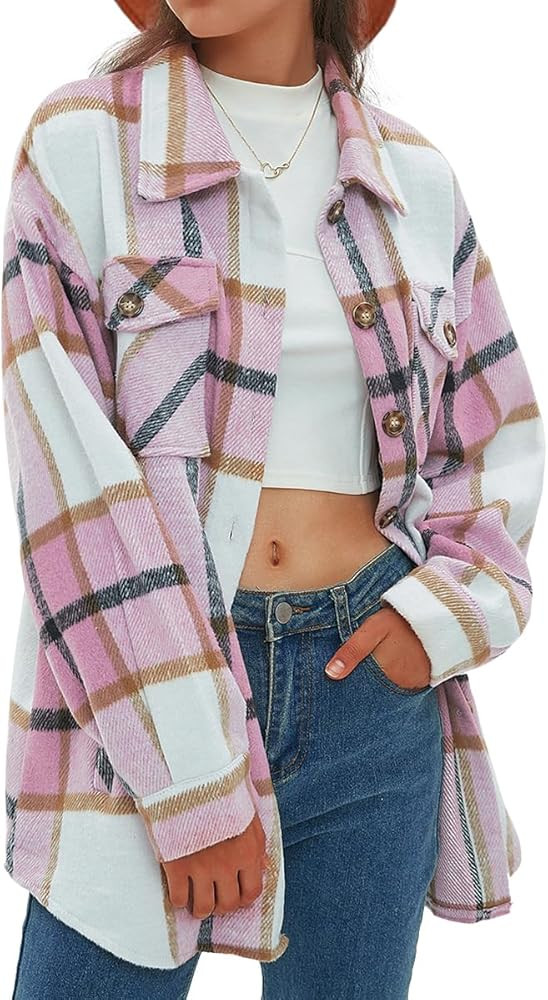 CHYRII Women's Casual Flannel Plaid Shacket Button Down Long Sleeve Shirt Jacket Coats | Amazon (US)