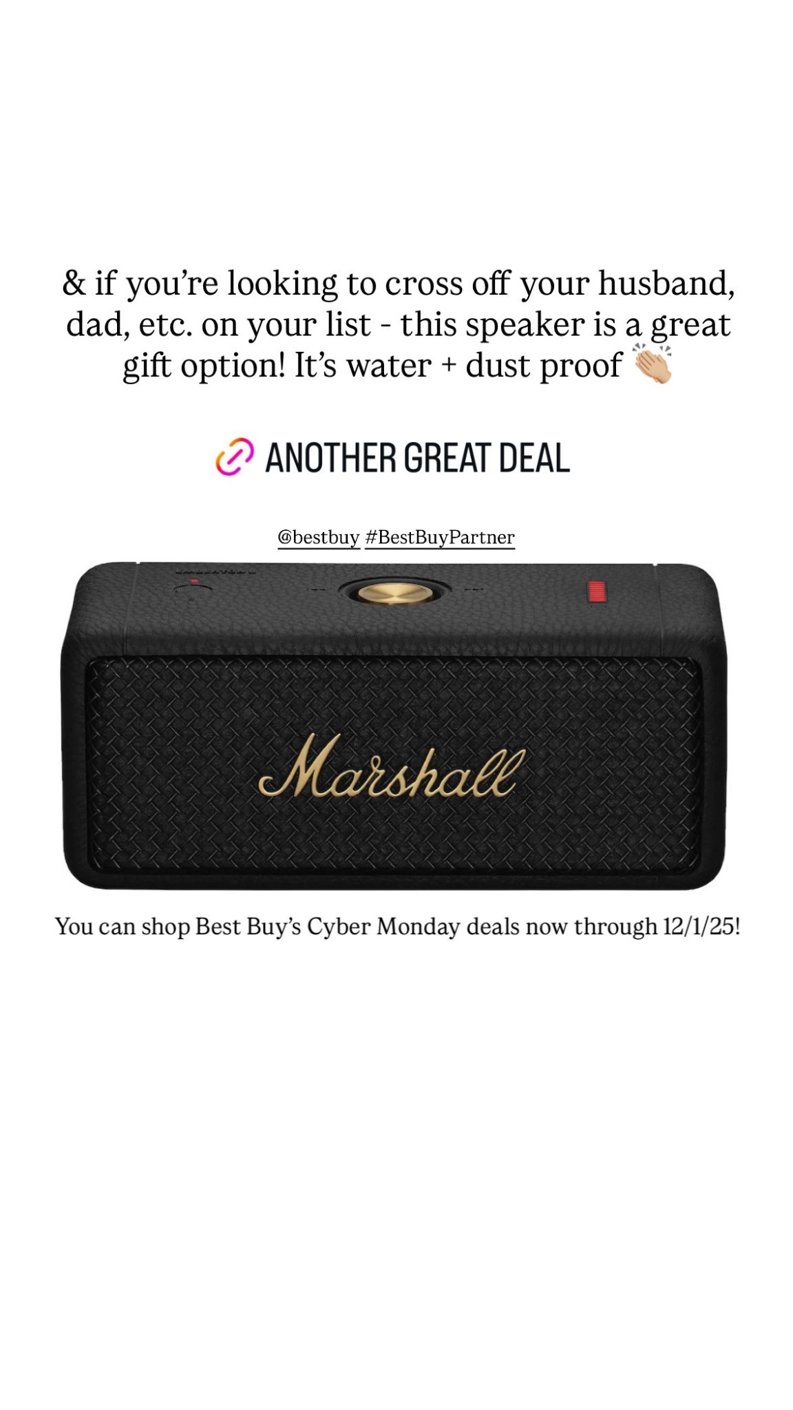 #BestBuyPartner If you are searching for a gift for your husband or dad, the Marshall Emberton II speaker is a great option! Shop Best Buy's Cyber Monday deals now through Monday, 12/1/25. 👏🏼 @bestbuy

Loverly Grey, gift idea, cyber sale 

#LTKCyberWeek #LTKGiftGuide #LTKSaleAlert