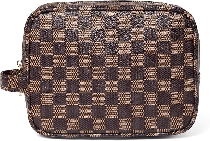 Daisy Rose Luxury Checkered Make Up Bag | PU Vegan Leather Cosmetic toiletry Travel bag | Amazon (US)