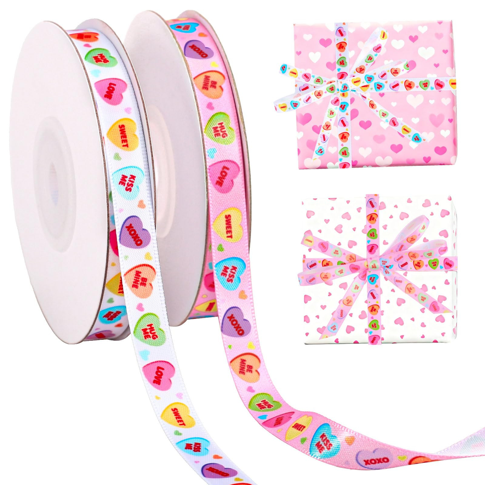 Whaline 2 Rolls Valentine's Day Ribbons 30 Yards Satin Ribbon Conversation Heart Fabric Craft Rib... | Amazon (US)