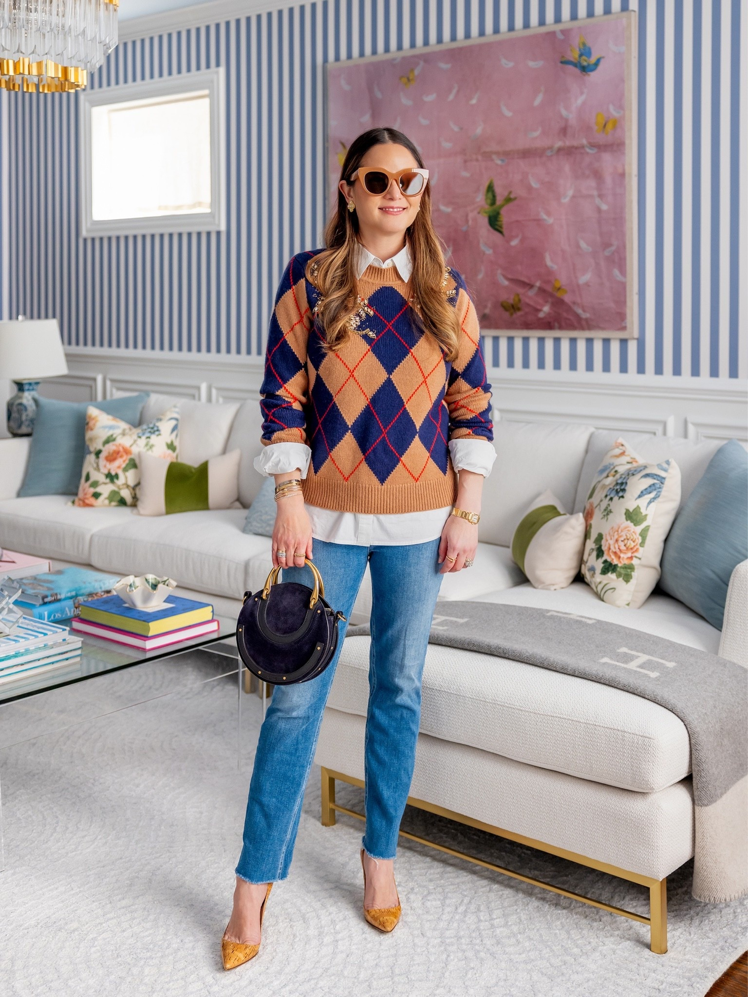 A fall sweater with embellished detail and the most comfy jeans for fall.