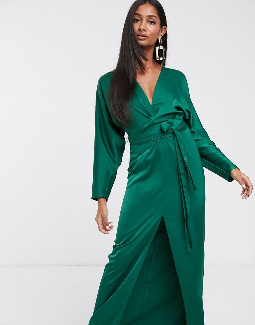 ASOS DESIGN maxi dress with batwing sleeve and wrap waist in satin-Green | ASOS (Global)
